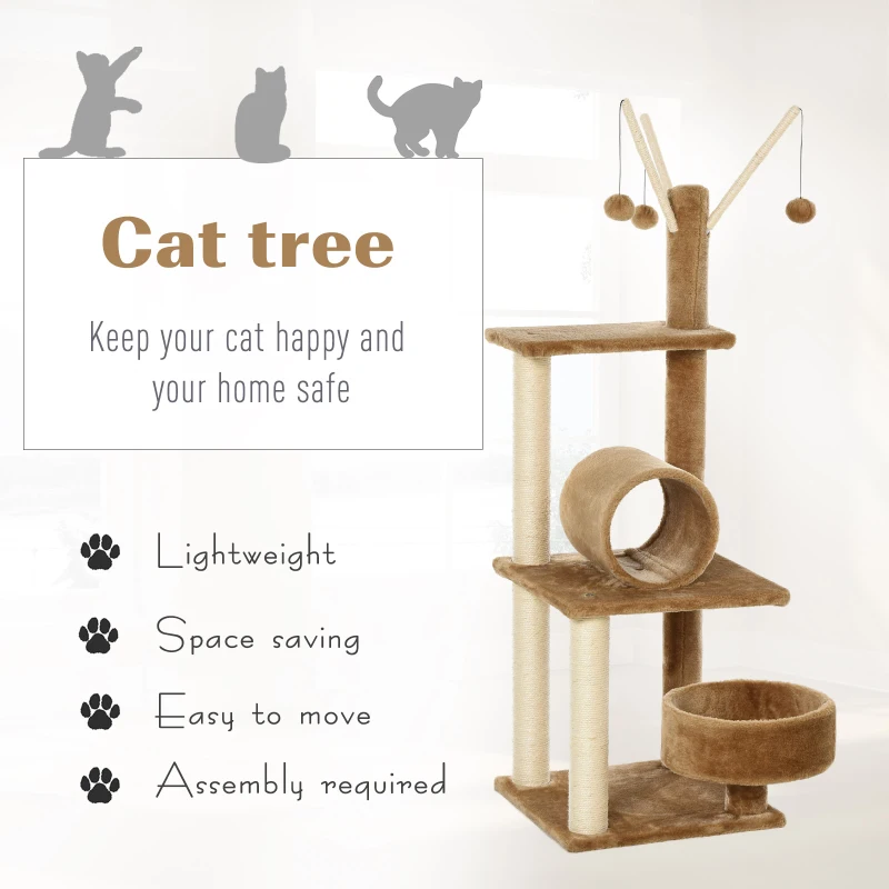 PawHut Cat Tree for Indoor Cats 121cm Kitten Tower Sisal Scratching Post Pet Activity Center Perch Condo Hanging Ball Brown