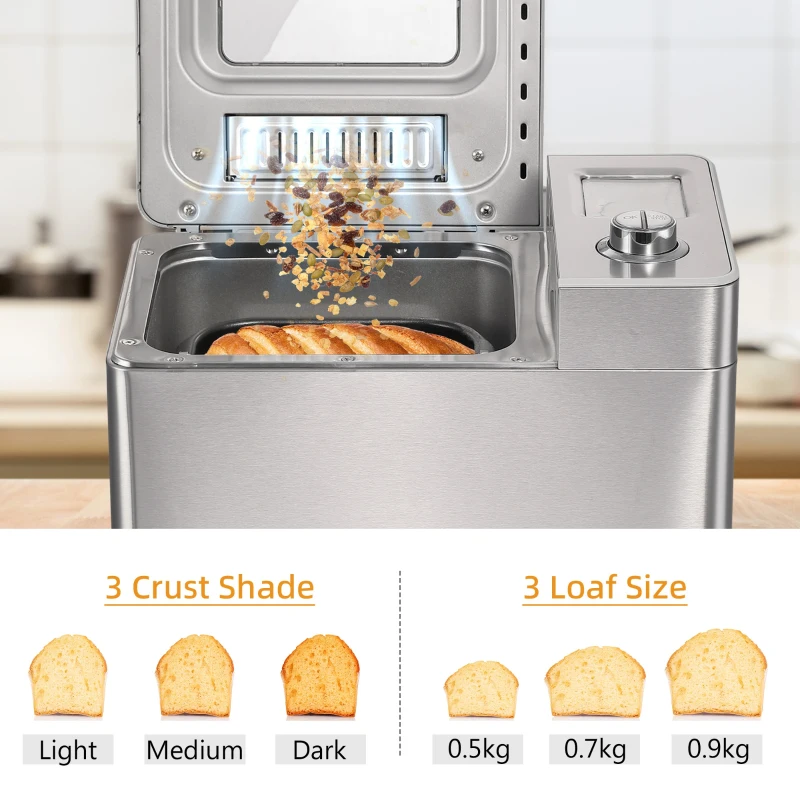 HOMCOM 25 in 1 Bread Maker Machine 0.9 KG Capacity Programmable Stainless Steel Dough Maker with Auto Fruit Nut Dispenser Nonstick Pan 3 Loaf Sizes 3 Crust Colours Keep Warm Time Delay, 550W