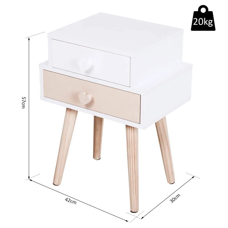 HOMCOM Children Bedside Table Set of 2 w/ Two Drawers Bedroom Kids Storage Cabinet Chest Pink & White 42 x 30 x 57 cm