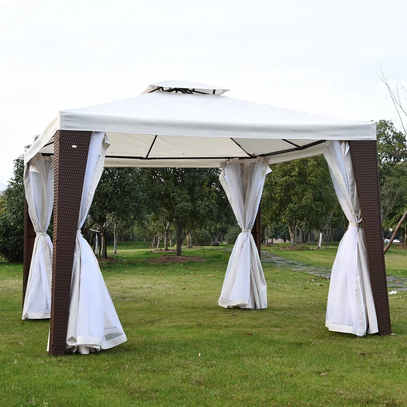 Outsunny 3x3 m Rattan Gazebo W/Curtain-Brown/Beige
