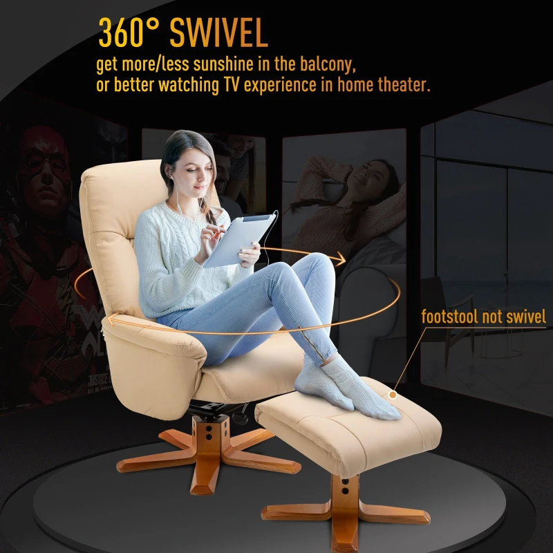 HOMCOM PU Leather Recliner Armchair & Footrest 2 Pcs Duo Set Beige