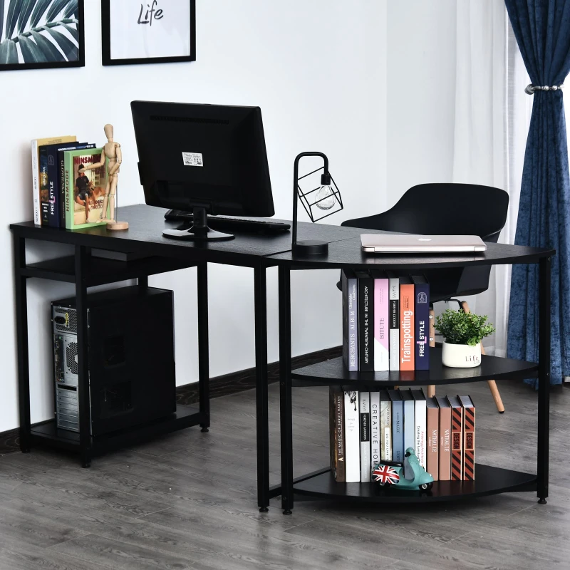 HOMCOM Computer Desk Free Desk for Study w/ 3-tier Shelves Metal Frame Table for Office Living Room Bedroom Black