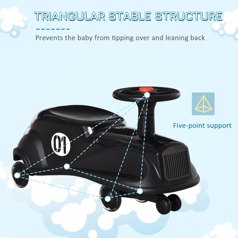 HOMCOM Toddler Ride on Toy Car Wiggle Car LED Flashing Wheels Swing Car for 2-4 Years Black