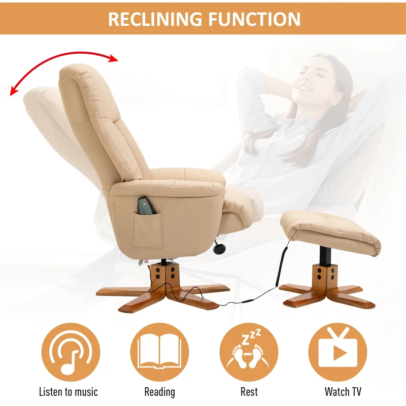 HOMCOM 10-Point Massage Sofa Armchair Chair PU Leather W/ Footrest Stool Heat Recliner Beige