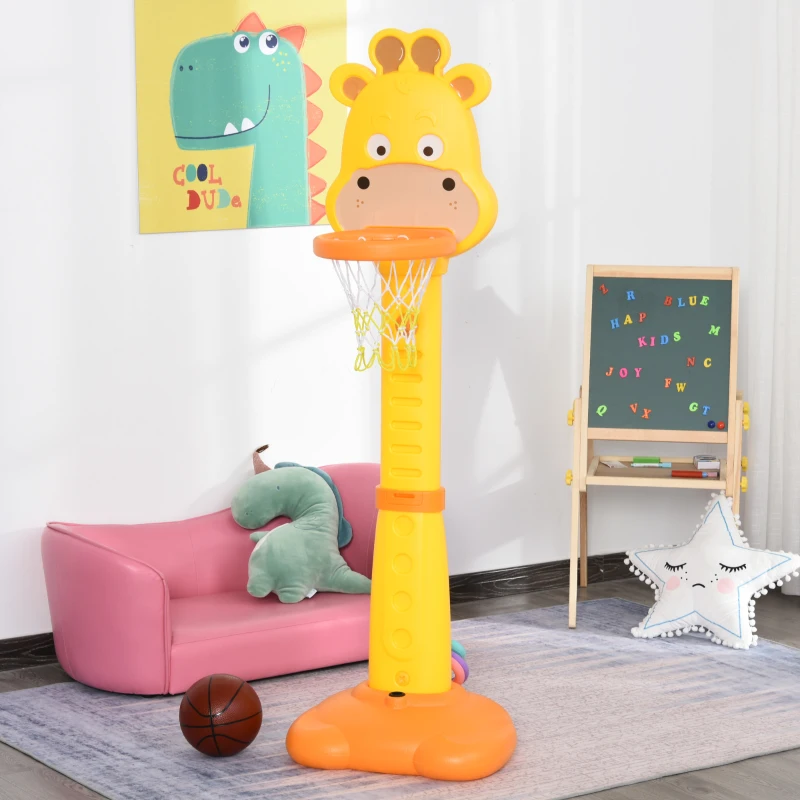 HOMCOM Kids Basketball Hoop and Stand Children Giraffe Ring Toss Play Set w/ Ball Hoops Pump Sucker-ball Adjustable Height from 125 cm to 155 cm
