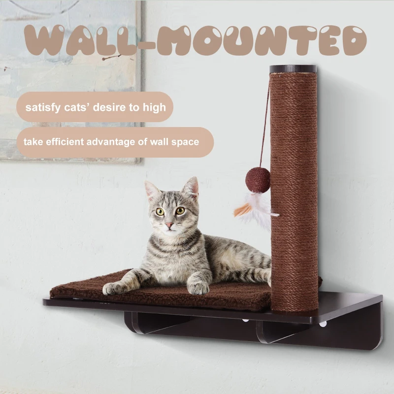 PawHut Cat Wall-Mounted MDF Hemp Rope Scratching Post Shelf Brown