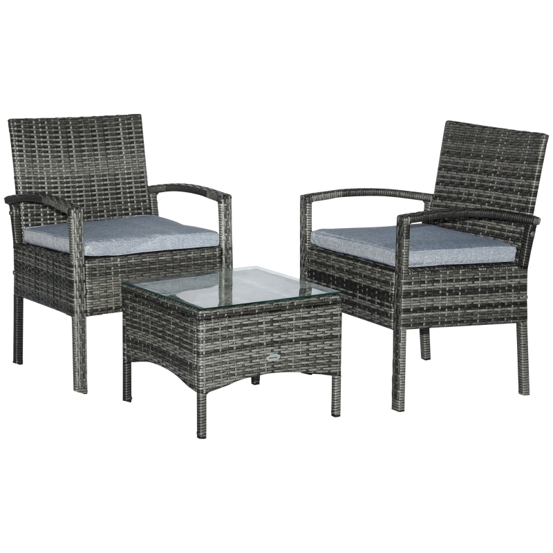 Outsunny 2 Seater Rattan Set Furniture Garden Cushion Bistro Wicker Black Patio Outdoor