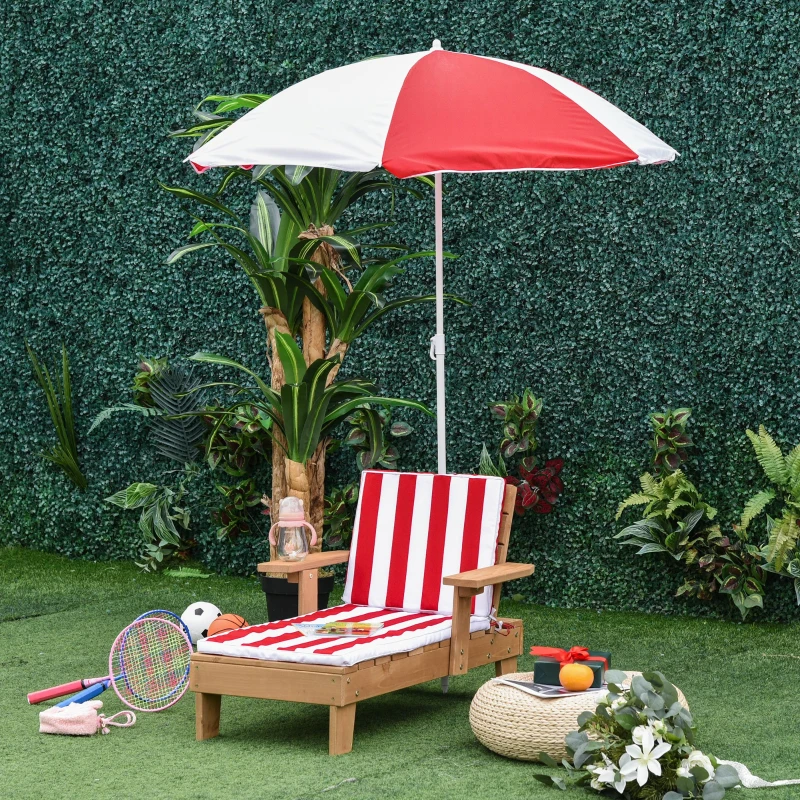 Outsunny Wooden Kids Sun Lounger with Foldable Adjustable Parasol Cushion Outdoor Patio Garden Furniture Red 90 x 59 x 53cm
