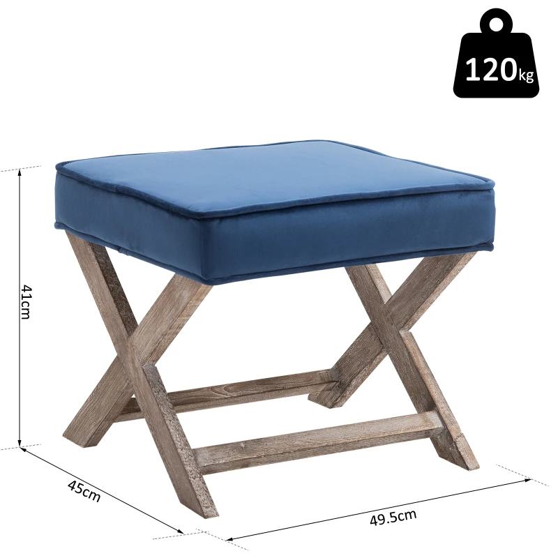 HOMCOM Footstool Ottoman Vintage Footstool W/Padded Seat, Velvet, 49.5Lx45Wx41H cm-Blue