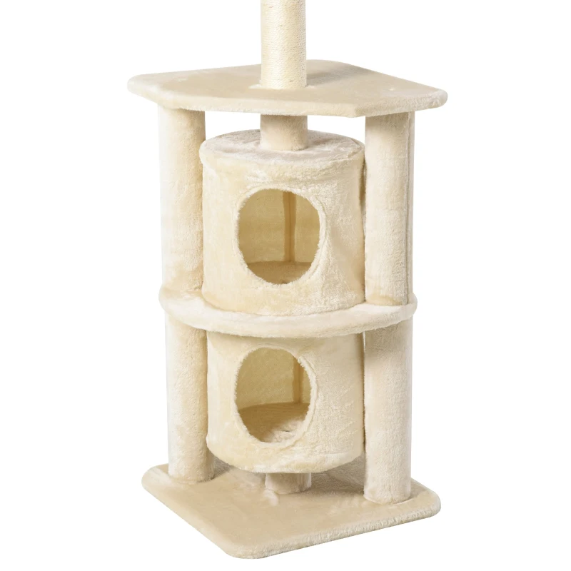 PawHut 5 Tier Floor to Ceiling Cat Tree for Indoor Cats Kitten Climbing Activity Center Scratching Post Play Tower Condo Adjustable Height 240-260cm Beige