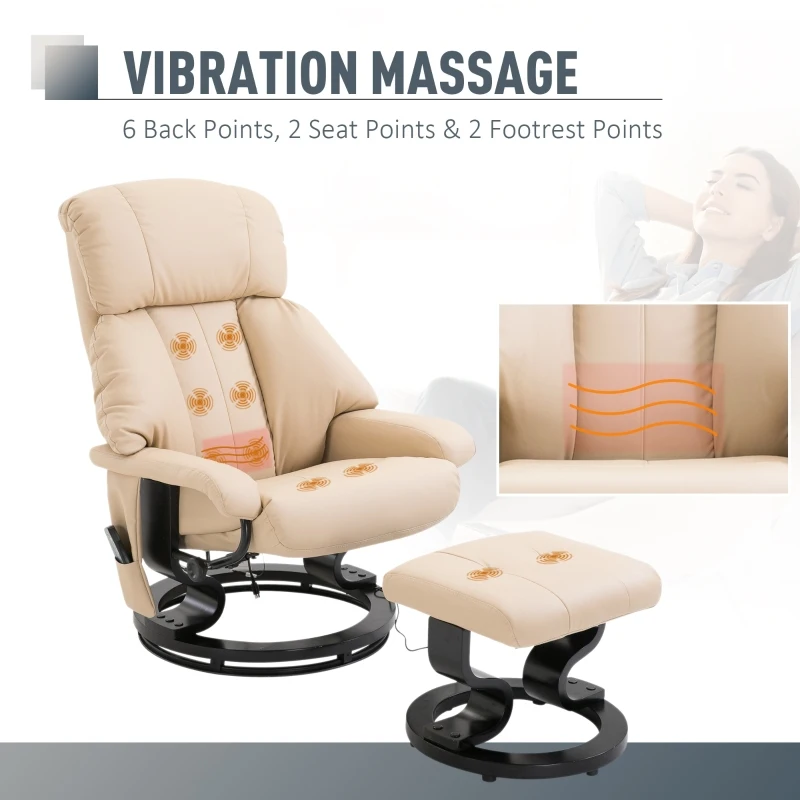 HOMCOM Luxury Fuax leather Chair Recliner Electric Massage Chair Sofa 10 Massager Heat with Foot Stool Cream White