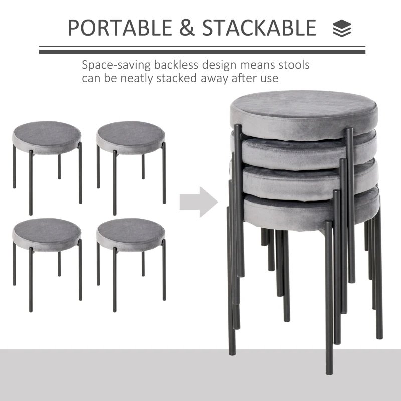 HOMCOM Backless Stackable Dining Stools Velvet-Touch Fabric Upholstered Round Chair with Steel Legs, Set of 4, Grey