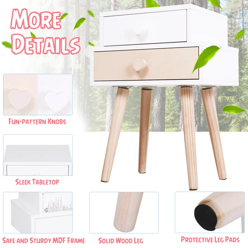 HOMCOM Children Bedside Table Set of 2 w/ Two Drawers Bedroom Kids Storage Cabinet Chest Pink & White 42 x 30 x 57 cm