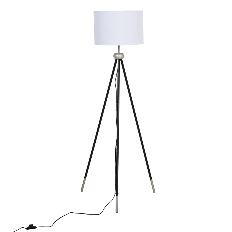 HOMCOM Modern Floor Lamp Free Standing Cloth Lampshade E27 Lamp Holder Metal Tripod Living Room Lamp Black + Silver 56 x 56 x 137cm