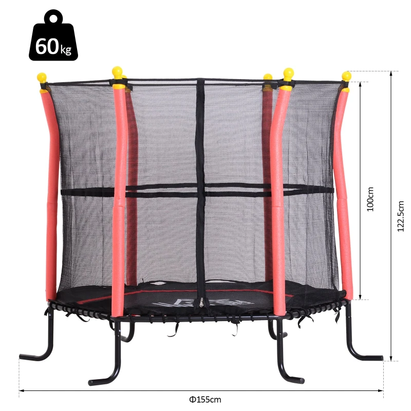 HOMCOM 5FT / 61 Inch Kids Mini Trampoline Bungee Design with Safety Enclosure Net Exercise Rebounder Six Legs Capacity to 60kg Red