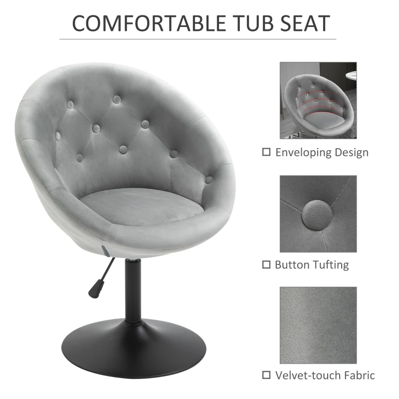 HOMCOM Modern Leisure Chair Round Tufted Accent Chair Vanity Stool Height Adjustable Counter Chair with Swivel Seat for Pub, Living Room, Grey