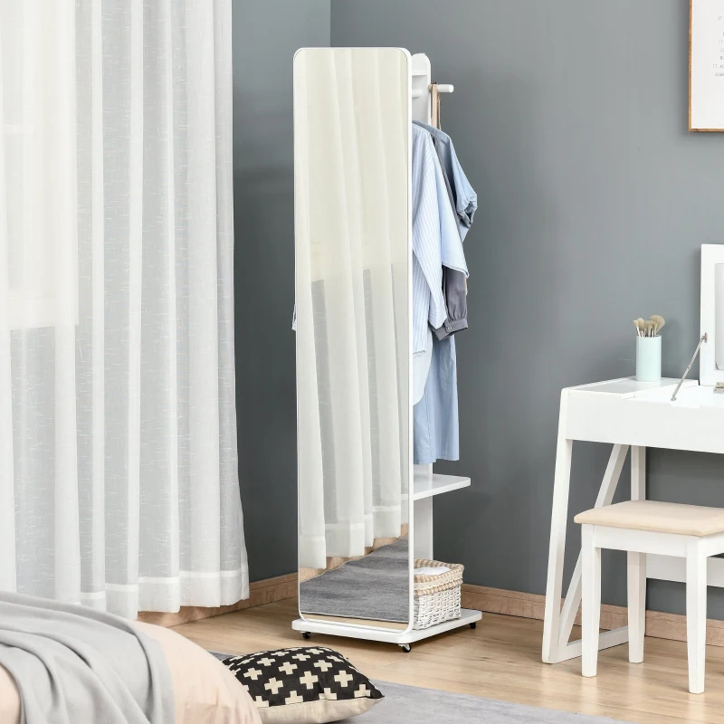 HOMCOM Full Length Dressing Mirror with Coat Rack, Mobile Floor Mirror with Hanging Cloth Bar, Rolling Wheels for Bedroom, Living Room, White