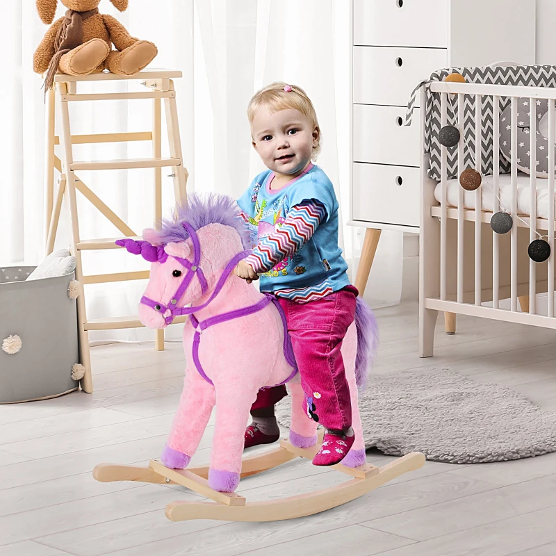HOMCOM Kids Plush Rocking Horse Unicorn Neigh Button Wooden Base Ride On Toy Rocker with Handle Grip Traditional Toy Fun Gift for Age 3+