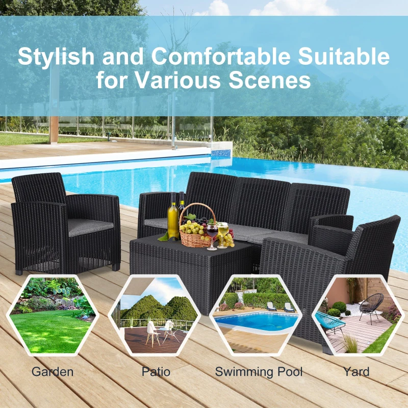 Outsunny Garden PP Rattan Style Sofa Table Set 5 Seater Outdoor Patio 2 Single Chairs & 1 Bench Conservatory Furniture Cushioned - Black