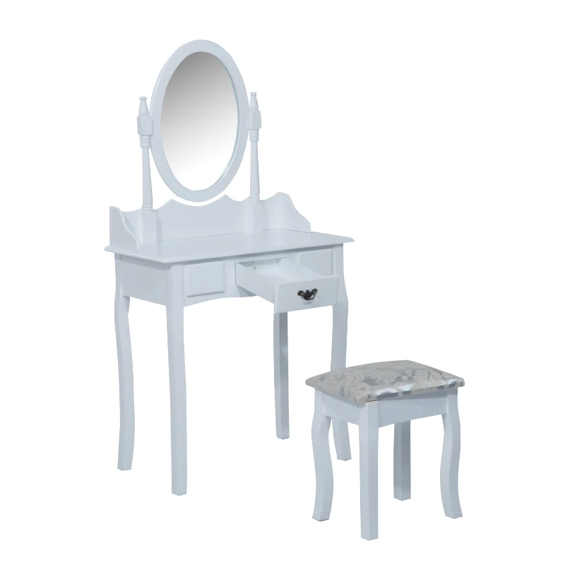 HOMCOM Wooden Dressing Table Vanity Set Makeup Shabby Chic Vintage Style Jewelry Cosmetic Storage Drawer Padded Seat w/Mirror & Stool (White)
