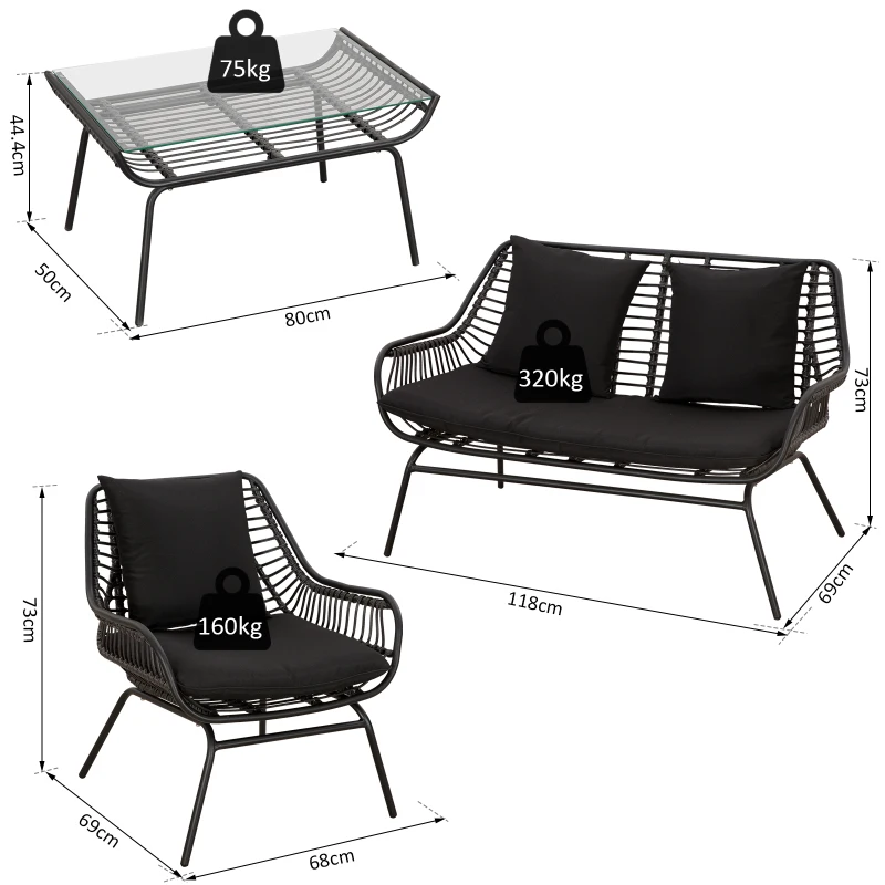 Outsunny 4 Pcs Webbed PE Rattan Sofa Set Unique Smooth Curved w/ Sofa 2 Armchairs Statement Table Glass Top Soft Thick Cushions Garden Outdoor Furniture Black