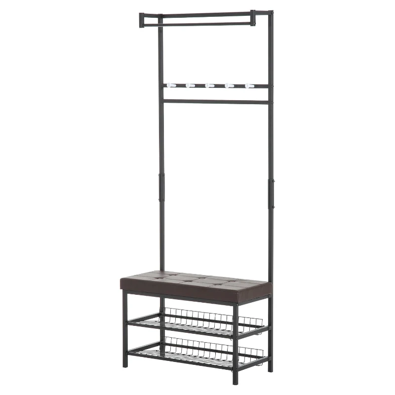 HOMCOM 5 Hook Metal Rail Hallway Coat Hanger w/ 2-Tier Shoe Bench Black