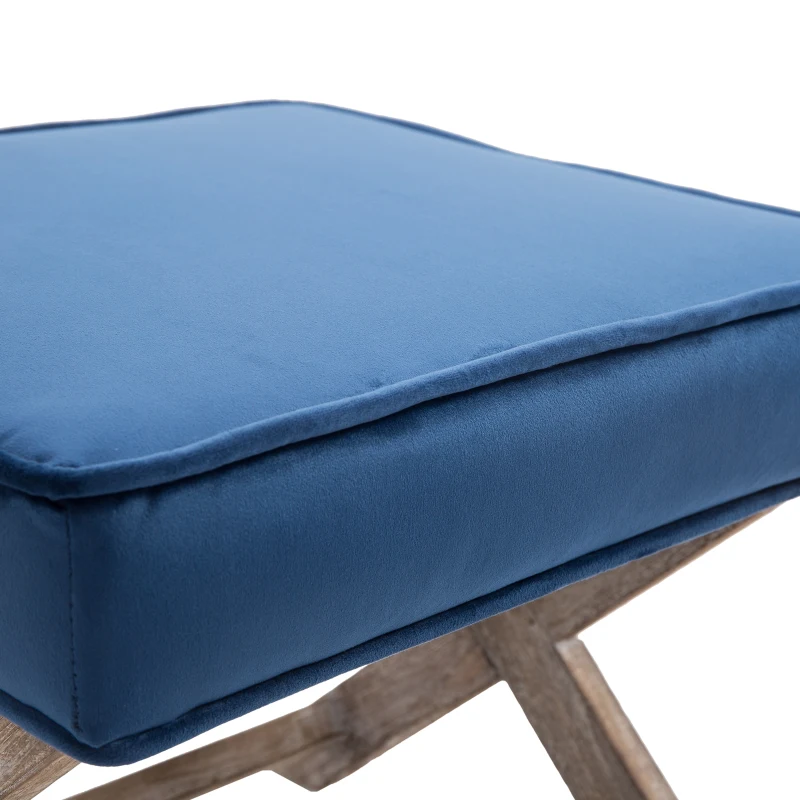 HOMCOM Footstool Ottoman Vintage Footstool W/Padded Seat, Velvet, 49.5Lx45Wx41H cm-Blue