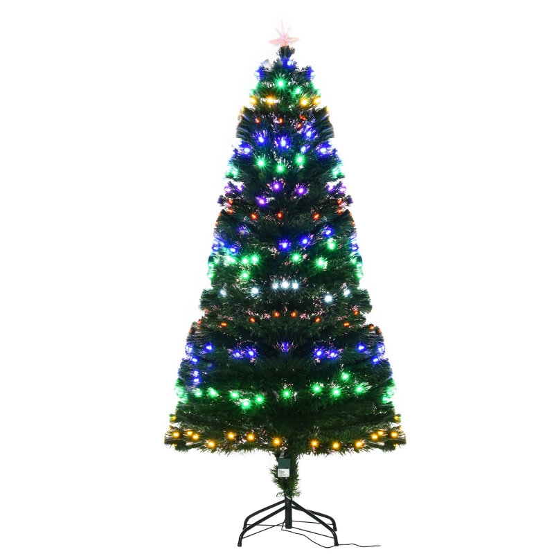 HOMCOM 6ft Pre-Lit Fiber Optic Christmas Tree W/ Star Tree Topper, Solid Metal Base, 220 Branch Tips, 6 Color LED Lights Decoration