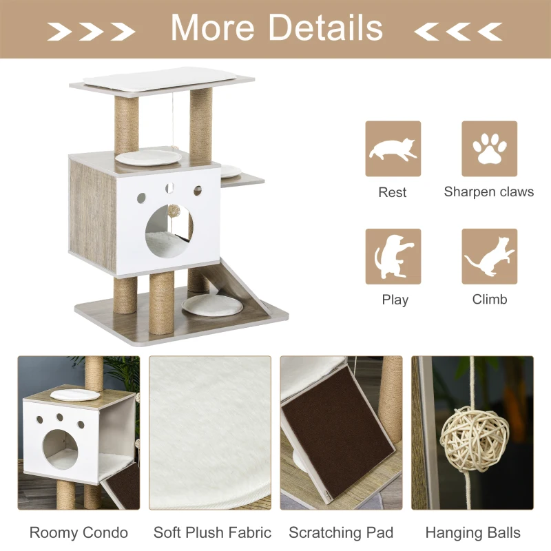 PawHut Cat Tree Tower for Indoor Cats 80cm Climbing Activity Center Kitten Furniture with Jute Scratching Post Pad Ramp Condo Perch Cushion Hanging Ball Velcro Light Grey