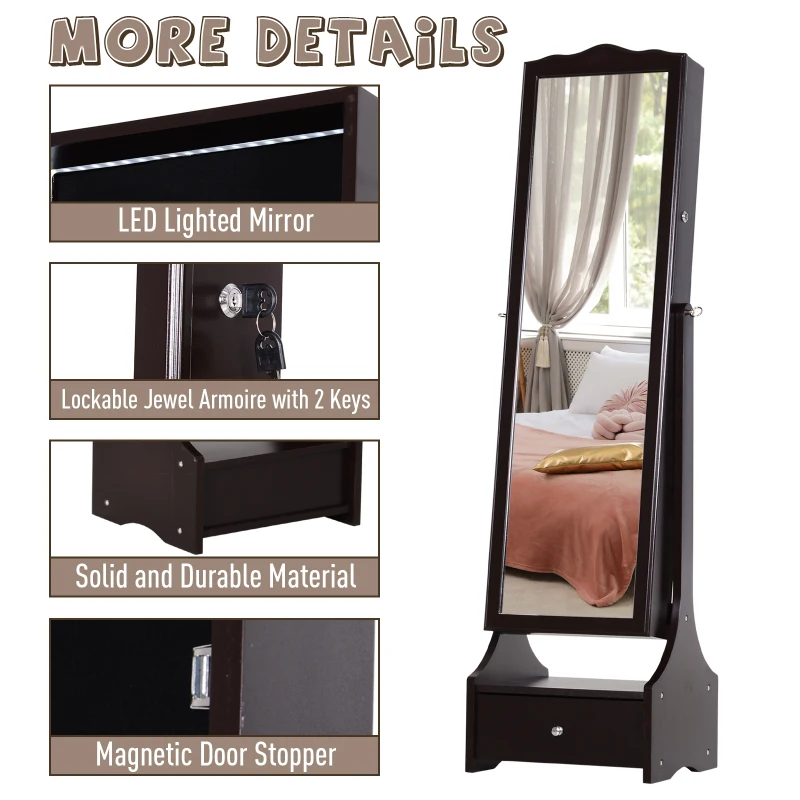 HOMCOM Freestanding Storage Mirror Full Length Jewellery Make Up Perfume Organisation w/ Bottom Drawer Lock LED Lights 150x45cm Brown