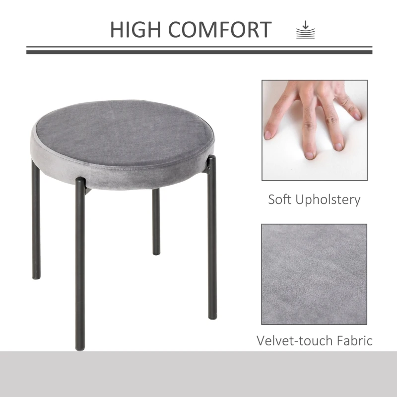 HOMCOM Backless Stackable Dining Stools Velvet-Touch Fabric Upholstered Round Chair with Steel Legs, Set of 4, Grey