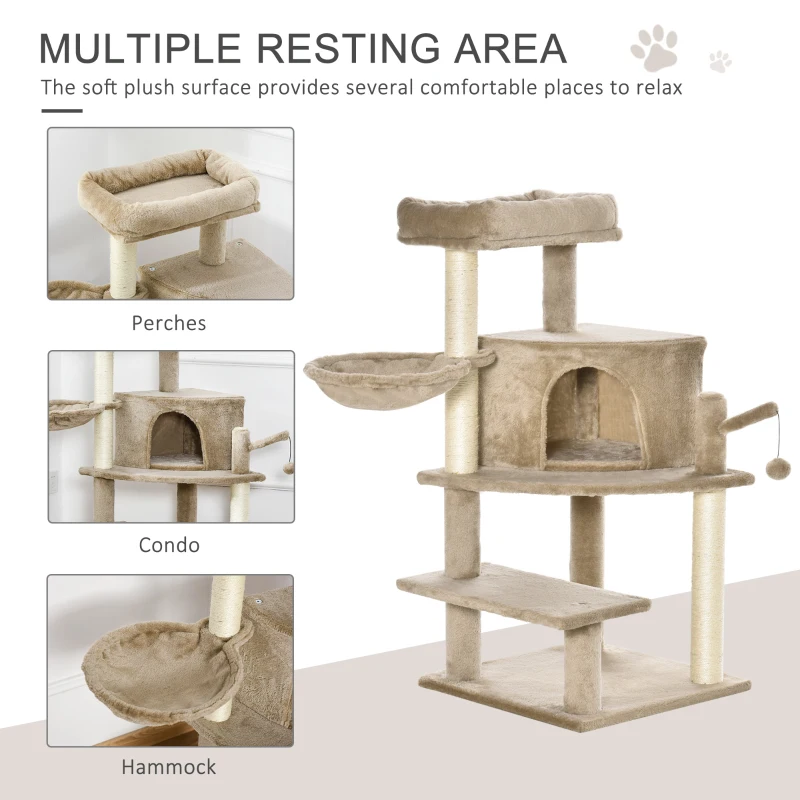 PawHut Cat Tree Tower for Indoor Cats 100cm Climbing Kitten Activity Centre with Sisal Scratching Post Perch Roomy Condo Hammock Bed Hanging Toy, Brown