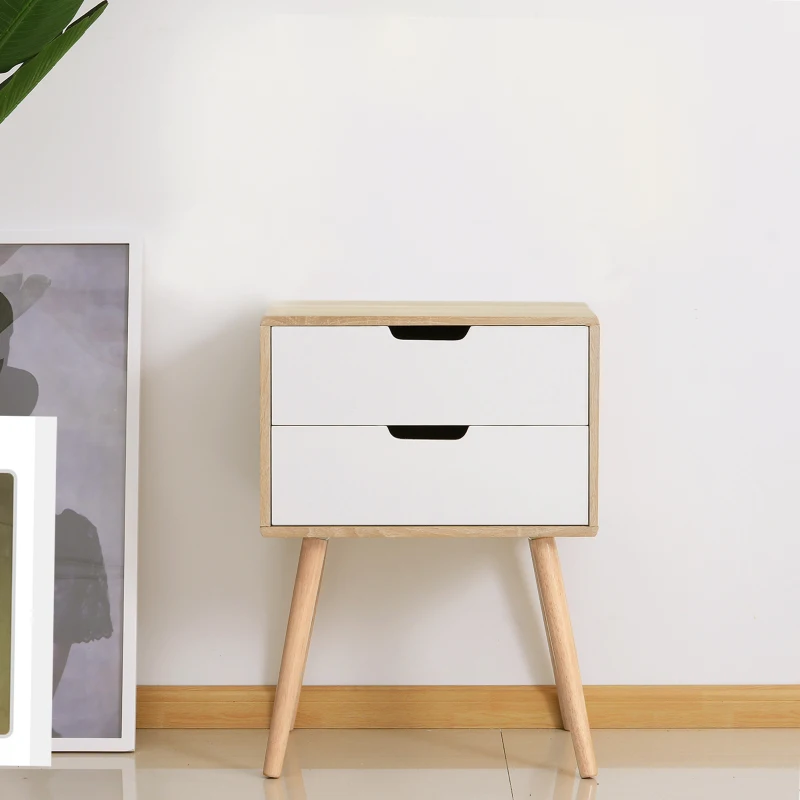 HOMCOM Freestanding Bedside Table with 2 Drawers, Wood Legs, Bedroom Nightstand, Cabinet Storage Organiser Unit, Oak