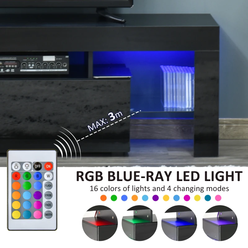 HOMCOM High Gloss TV Stand Cabinet with LED RGB Lights and Remote Control for 43"/50"/55" TV, Media TV Console Table with Compartment, Black