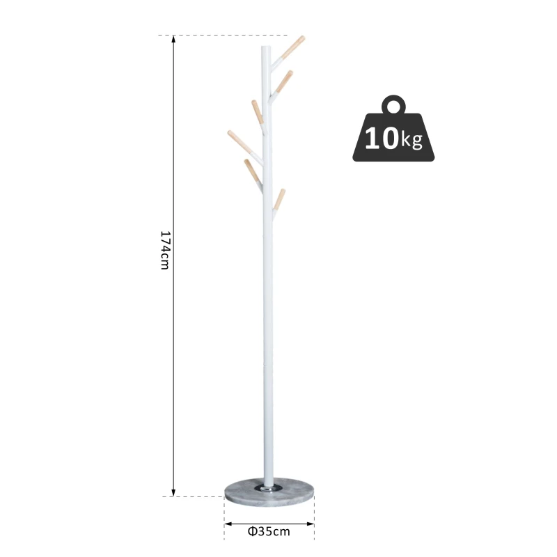 HOMCOM 174cm Free Standing Metal Coat Rack Stand with Marble Base 6 Hooks Clothes Tree Hat Display Hall Tree Hanger Bag Umbrella Hanging Organiser for Hallway Bedroom Waiting Room Living Room (White)