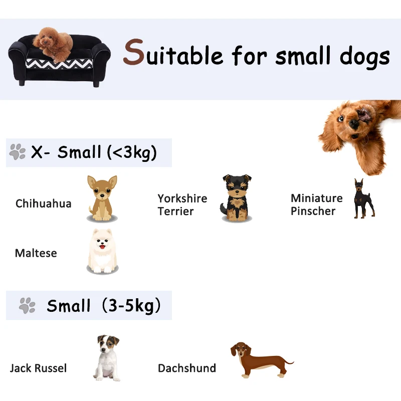 PawHut Dog Sofa Bed for XS-Sized Dogs, Cat Sofa with Soft Cushion, Pet Chair Lounge with Washable Cover, Removable Legs, Wooden Frame - Black