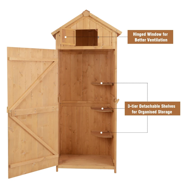 Outsunny Small Shed, Tall Slim Wooden Garden Shed with 3 Removable Shelves and Roof Hatch, Compact Outdoor Tool Storage Cabinet with Asphalt Roof and Door Latch, 77 x 54.2 x 179 cm, Burlywood