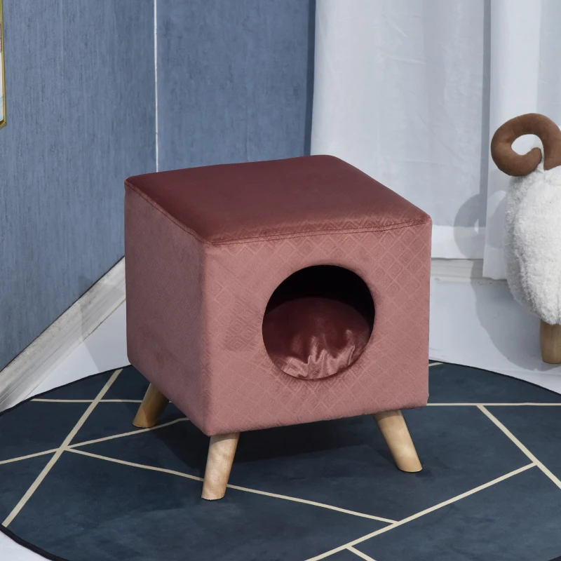 PawHut Elevated Cube Cat Condo Ottoman Bed Pet House Wood Frame Legs Cushion Cat Dog  Home Platform Hutch Brick Red