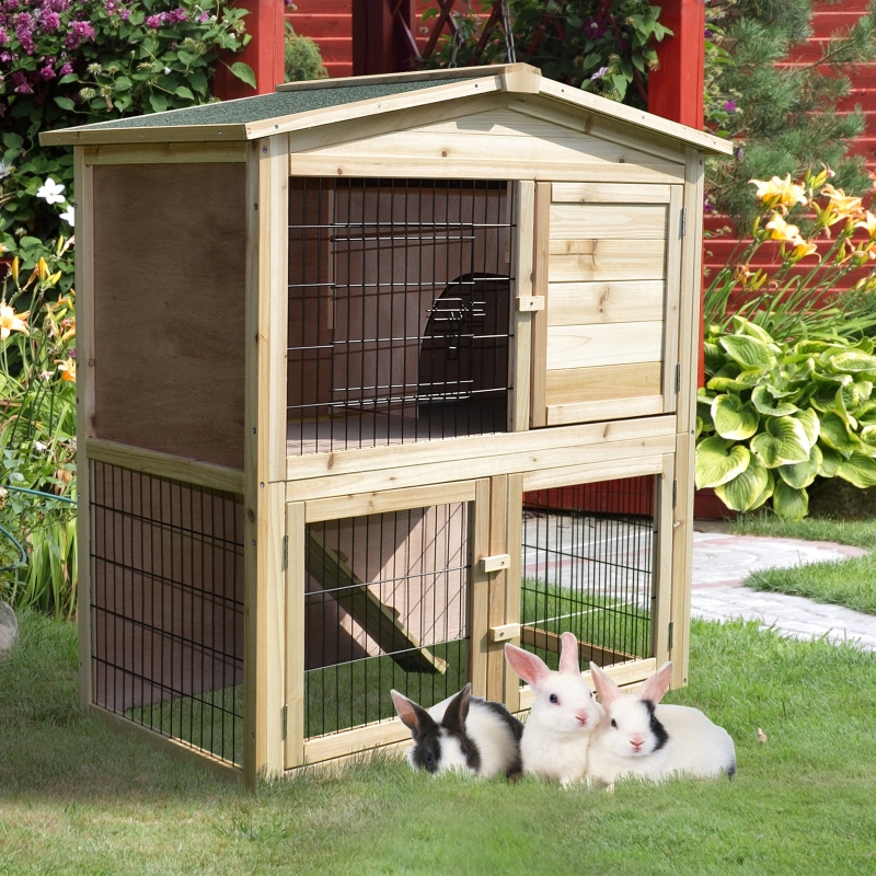 PawHut Rabbit Hutch, 98Lx54Wx100H cm, Fir Wood-Natural Wood Colour