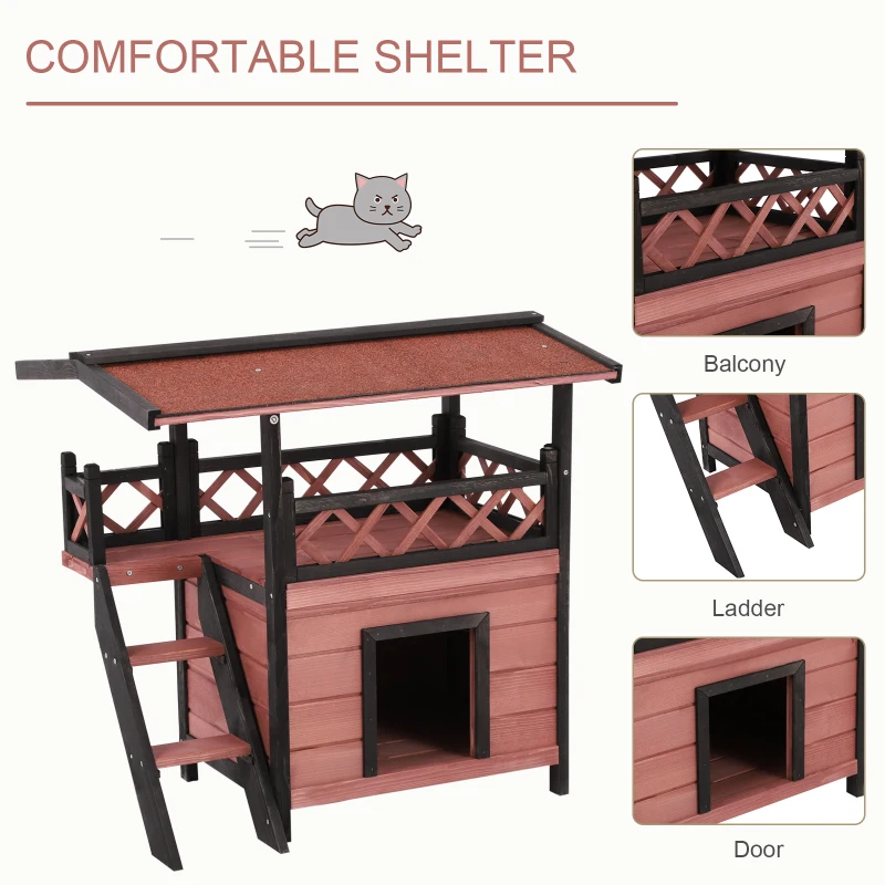 PawHut Wooden Cat House Outdoor Luxury Room Weatherproof Shelter with Balcony and Stair Puppy Garden Large Kennel Brown