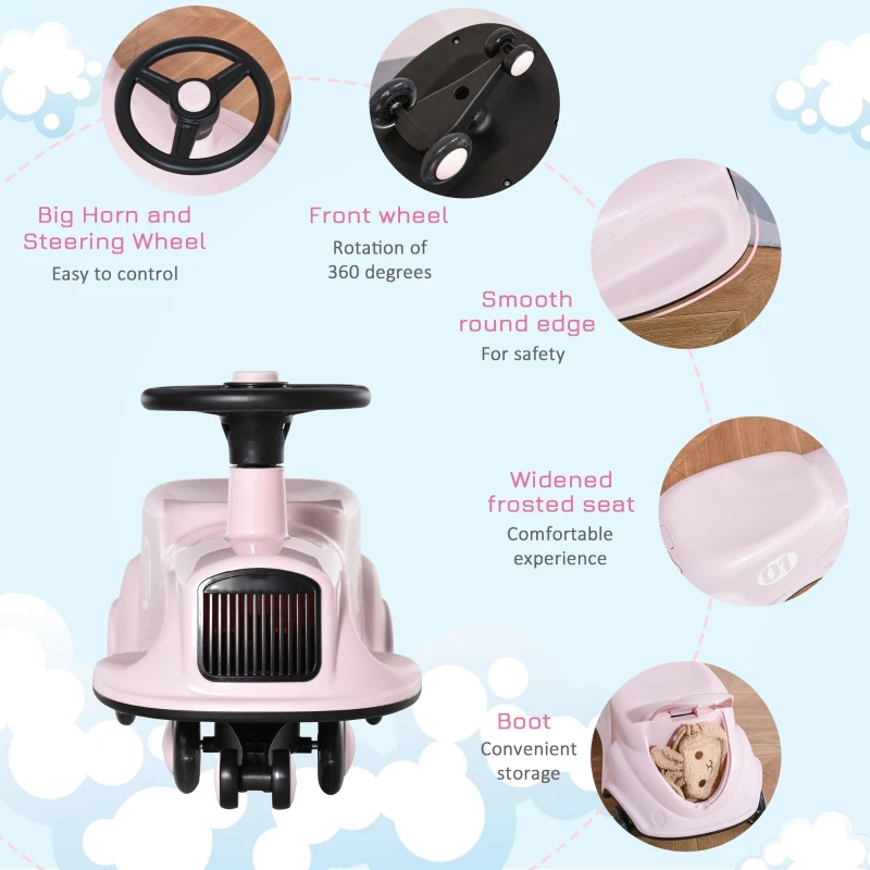 HOMCOM Toddler Ride on Toy Car Wiggle Car LED Flashing Wheels Swing Car for 2-4 Years Pink