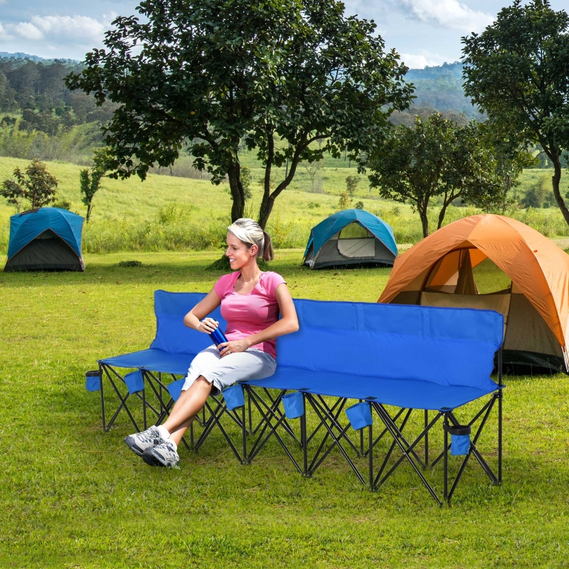 Outsunny 6 Seater Folding Sports Bench Outdoor Picnic Camping Chair Steel Frame w/Cup Holder & Carry Bag - Blue