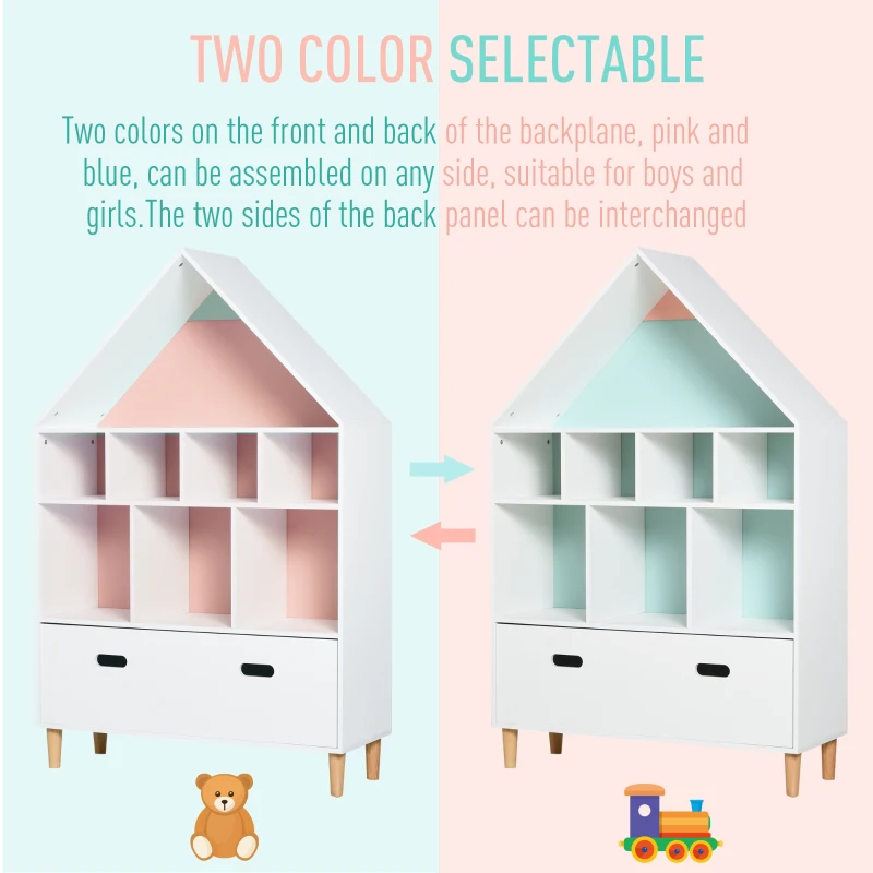 HOMCOM Kids House-Designed Bookshelf, with Drawer – Blue & White