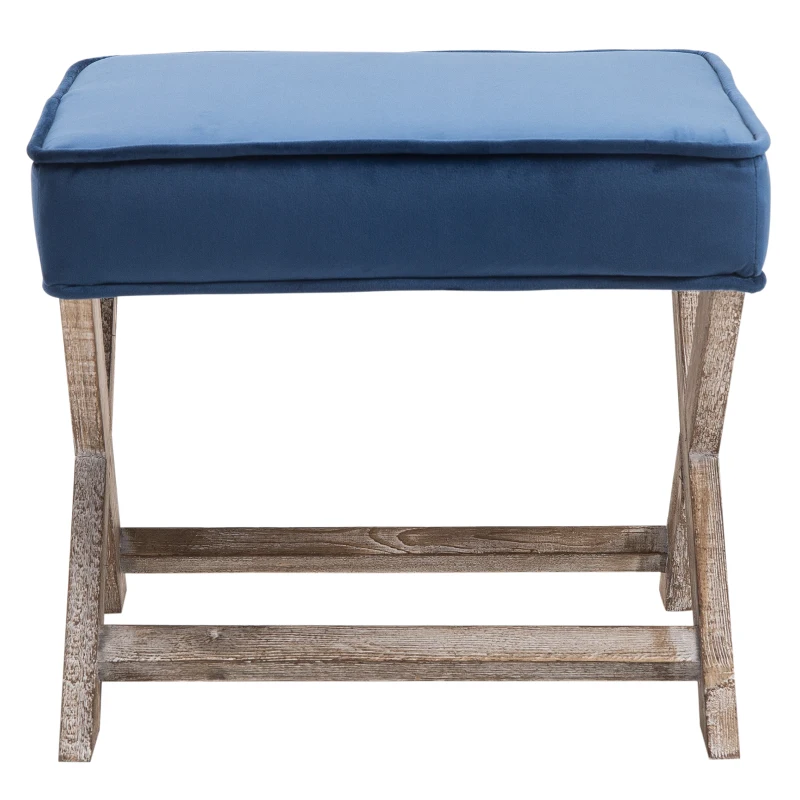 HOMCOM Footstool Ottoman Vintage Footstool W/Padded Seat, Velvet, 49.5Lx45Wx41H cm-Blue