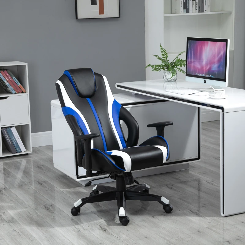 Vinsetto Stylish Striped PU Leather High Back Office Chair w/ Rotating Armrests Reclining Back Adjustable Height 360° Swivel White Blue Black