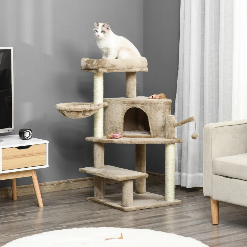 PawHut Cat Tree Tower for Indoor Cats 100cm Climbing Kitten Activity Centre with Sisal Scratching Post Perch Roomy Condo Hammock Bed Hanging Toy, Brown