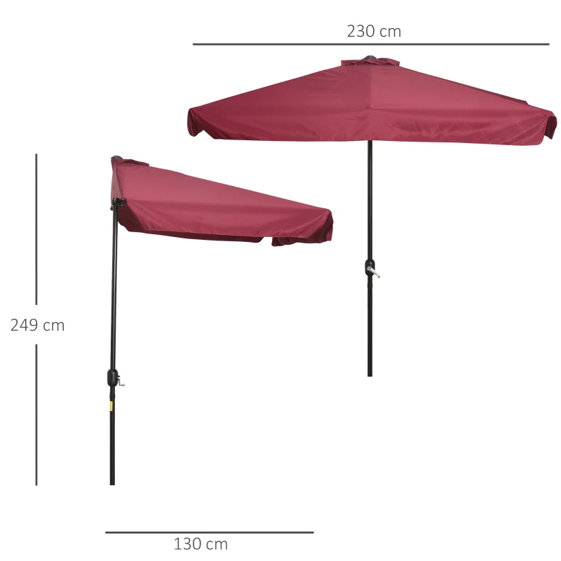 Outsunny 2.3m Half Parasol Semi Round Umbrella Patio Metal Frame Crank Handle for Balcony- NO BASE INCLUDED, Red