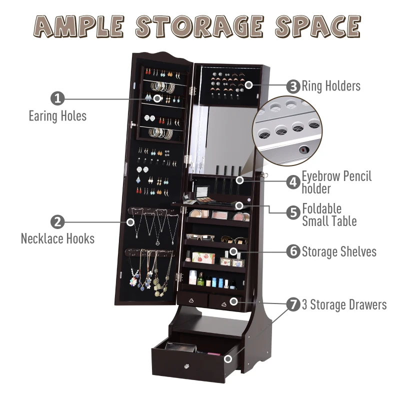 HOMCOM Freestanding Storage Mirror Full Length Jewellery Make Up Perfume Organisation w/ Bottom Drawer Lock LED Lights 150x45cm Brown