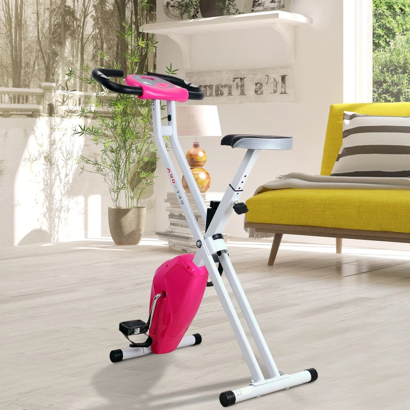 HOMCOM Folding Exercise Bike LCD Monitor Home Gym Exercise Adjustable Tension Padded Seat Heart Rate Monitor Pulse Sensor Pink