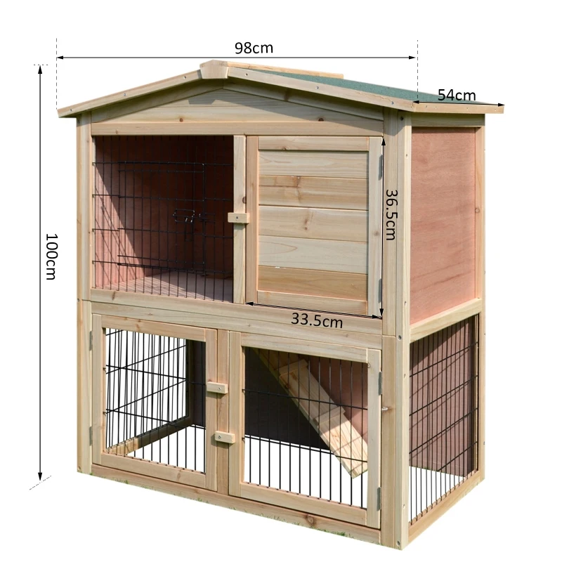 PawHut Rabbit Hutch, 98Lx54Wx100H cm, Fir Wood-Natural Wood Colour